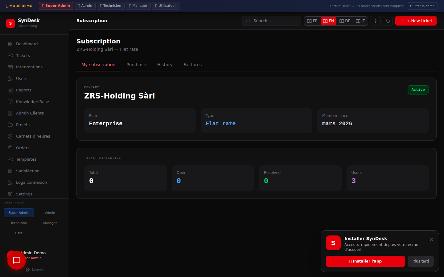 Support inclus, projets en option